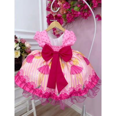 Vestido Infantil Barbie Rosa e Pink Peito C/ Strass Pérolas