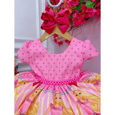 Vestido Infantil Barbie Rosa e Pink Peito C/ Strass Pérolas