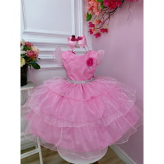 Vestido Infantil Barbie Rosa Glitter Cinto Strass Broche Flor
