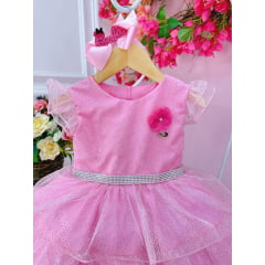 Vestido Infantil Barbie Rosa Glitter Cinto Strass Broche Flor