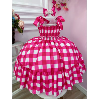 Vestido Infantil Barbie Xadrez Pink Com Laço