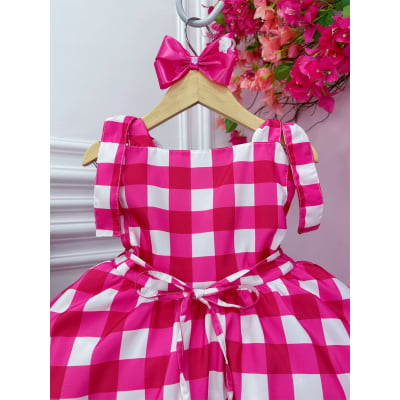 Vestido Infantil Barbie Xadrez Pink Com Laço