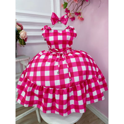 Vestido Infantil Barbie Xadrez Pink Com Laço