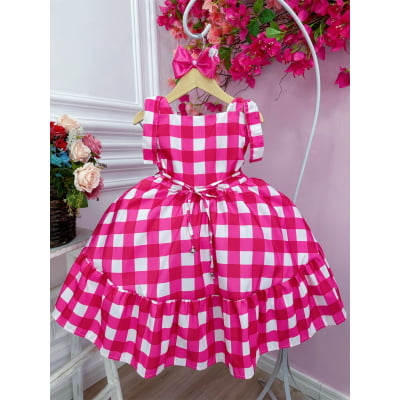 Vestido Infantil Barbie Xadrez Pink Com Laço