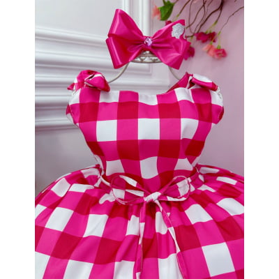 Vestido Infantil Barbie Xadrez Pink Com Laço
