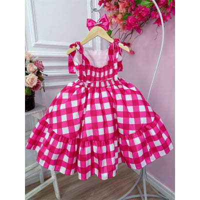 Vestido Infantil Barbie Xadrez Pink Com Laço