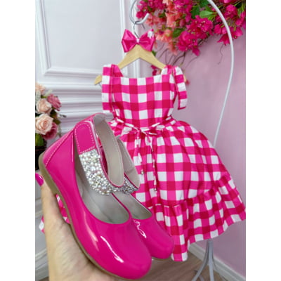 Vestido Infantil Barbie Xadrez Pink Com Laço