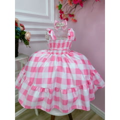 Vestido Infantil Barbie Xadrez Rosa Bebê Com Laço