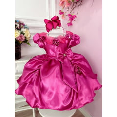 Vestido Infantil Bela Adormecia Pink Aplique Flor Princesas