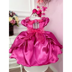 Vestido Infantil Bela Adormecia Pink Aplique Flor Princesas