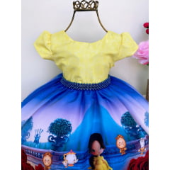 Vestido Infantil Bela Adormecida Floral Amarelo e Azul Luxo