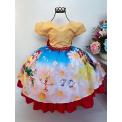 Vestido Infantil Bela e a Fera Amarelo Azul e Vermelho