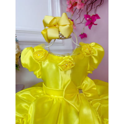Vestido Infantil Bela e a Fera Amarelo C/ Aplique Flores