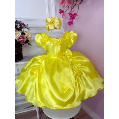 Vestido Infantil Bela e a Fera Amarelo C/ Aplique Flores