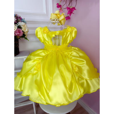 Vestido Infantil Bela e a Fera Amarelo C/ Aplique Flores