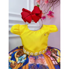 Vestido Infantil Bela e a Fera Amarelo C/ Cinto de Pérolas