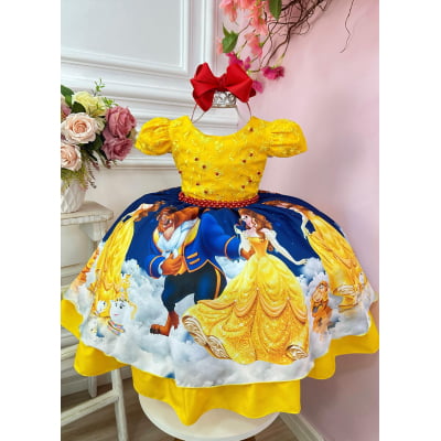 Vestido Infantil Amarelo e Azul C/ Renda Princesas Pérolas
