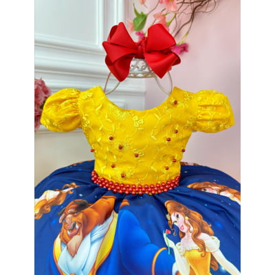 Vestido Infantil Amarelo e Azul C/ Renda Princesas Pérolas