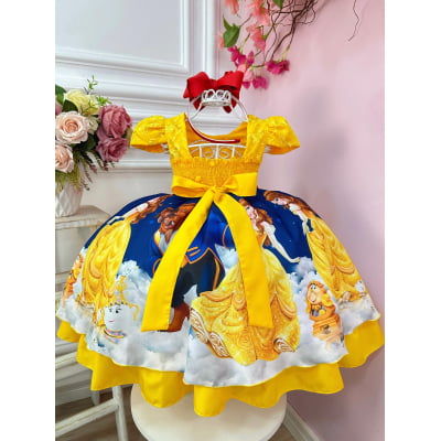 Vestido Infantil Amarelo e Azul C/ Renda Princesas Pérolas