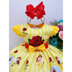 Vestido Infantil Bela e a Fera Amarelo Vermelho Flores Luxo