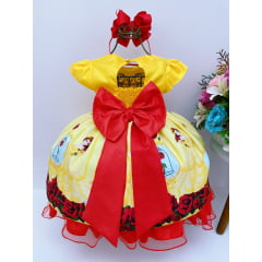 Vestido Infantil Bela e a Fera Amarelo Vermelho Flores Luxo