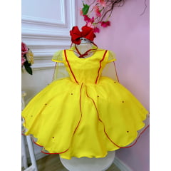 Vestido Infantil Bela e a Fera Com Capa e Pérolas Princesas