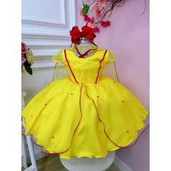 Vestido Infantil Amarelo e Vermelho Com Capa e Pérolas Princesas