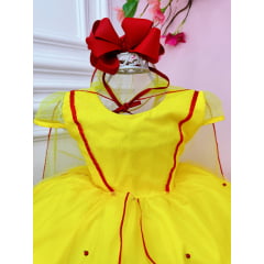 Vestido Infantil Amarelo e Vermelho Com Capa e Pérolas Princesas