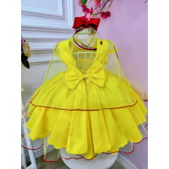 Vestido Infantil Amarelo e Vermelho Com Capa e Pérolas Princesas