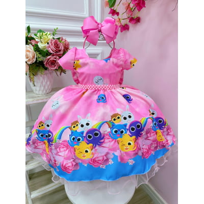 Vestido Infantil Bolofofos Rosa C/ Cinto de Pérolas Festas