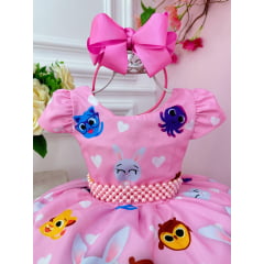 Vestido Infantil Rosa Flores Cinto Pérolas Luxo Coração