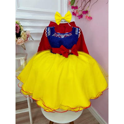 Vestido Infantil Branca de Neve Amarela C/ Capa e Laço