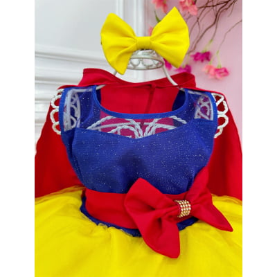 Vestido Infantil Branca de Neve Amarela C/ Capa e Laço