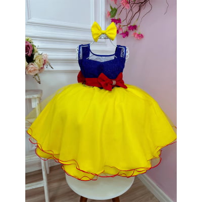 Vestido Infantil Branca de Neve Amarela C/ Capa e Laço