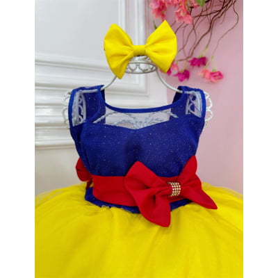 Vestido Infantil Branca de Neve Amarela C/ Capa e Laço