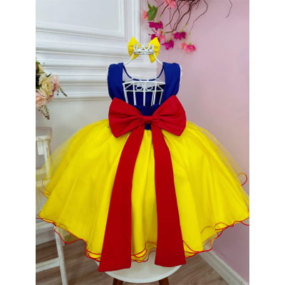 Vestido Infantil Branca de Neve Amarela C/ Capa e Laço