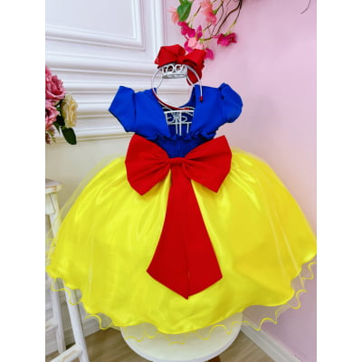 Vestido Infantil Branca de Neve Amarelo Azul Festas