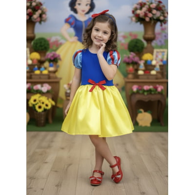 Vestido Infantil Branca de Neve Amarelo Com Tiara Luxo