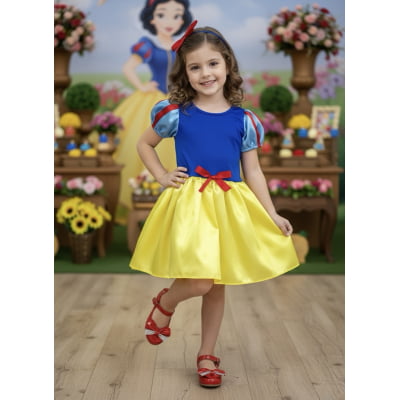 Vestido Infantil Branca de Neve Amarelo Com Tiara Luxo