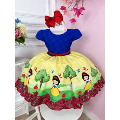 Vestido Infantil Branca de Neve Azul C/ Pérolas Princesas