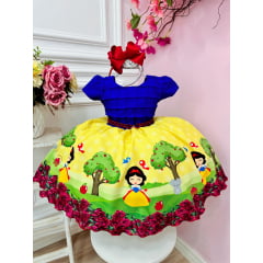 Vestido Infantil Branca de Neve Princesas Azul C/ Pérolas