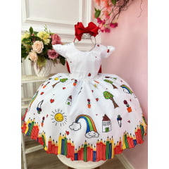 Vestido Infantil Branco Aquarela C/ Cinto de Pérolas Festas