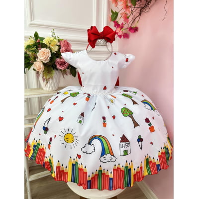 Vestido Infantil Branco Aquarela C/ Cinto de Pérolas Festas Vestido Infantil Branco Aquarela C/ Cinto de Pérolas Festas