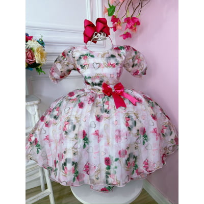 Vestido Infantil Branco Floral Puppy Dog  Aplique Laço