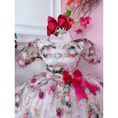 Vestido Infantil Branco Floral Puppy Dog  Aplique Laço