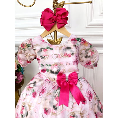 Vestido Infantil Branco Floral Puppy Dog  Aplique Laço