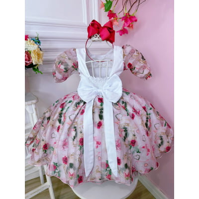 Vestido Infantil Branco Floral Puppy Dog  Aplique Laço