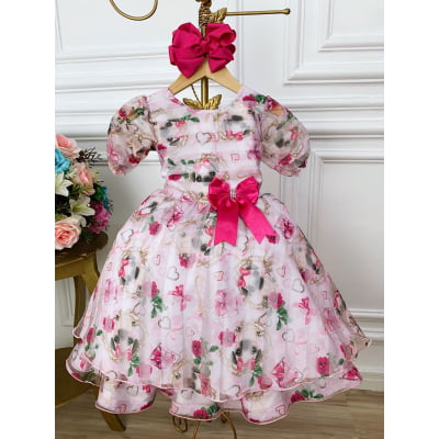 Vestido Infantil Branco Floral Puppy Dog  Aplique Laço