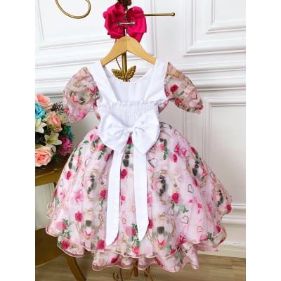 Vestido Infantil Branco Floral Puppy Dog  Aplique Laço