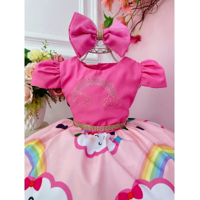 Vestido Infantil Chuva de Bênçãos Amor Pink Strass C/ Tiara